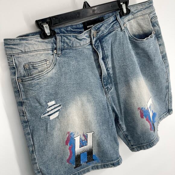 Homme + Femme Mens Hand Painted Logo Distressed Jean Shorts Sz 38 Denim Blue - Picture 2 of 10